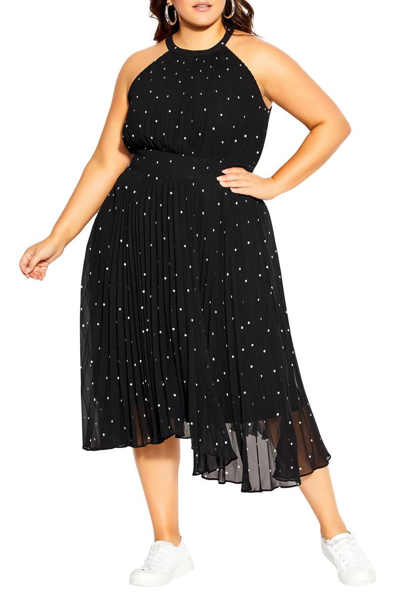 Pleated Spot Midi Dress, Main, color, POLKA DOT