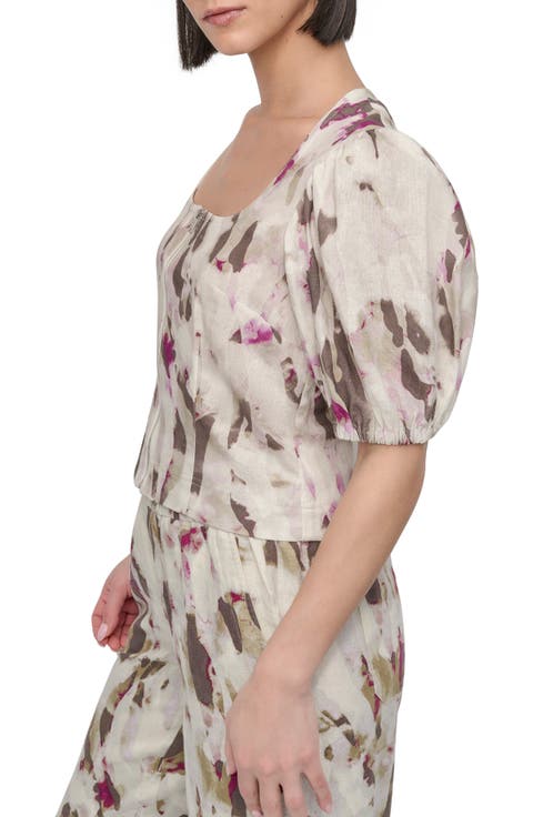 Print Zip Front Puff Sleeve Linen Blend Top