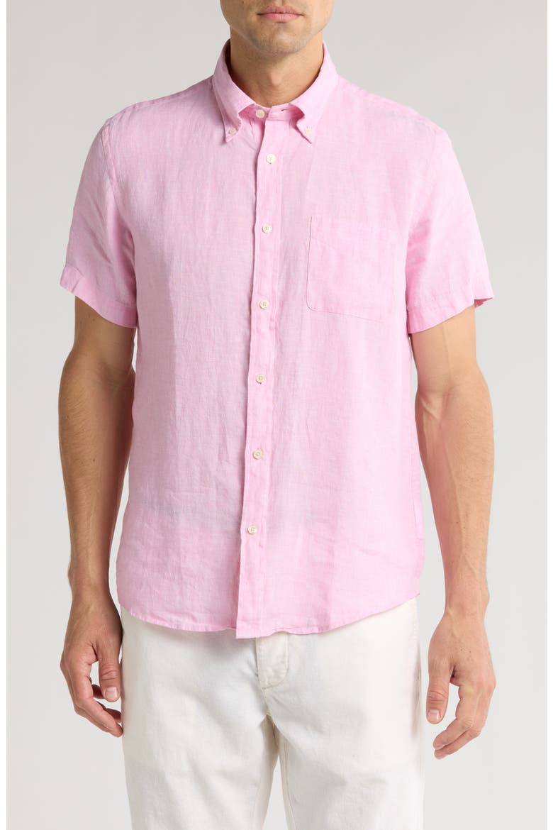 Regular Fit Solid Short Sleeve Linen Button-Down Shirt, Main, color, PALE PINK