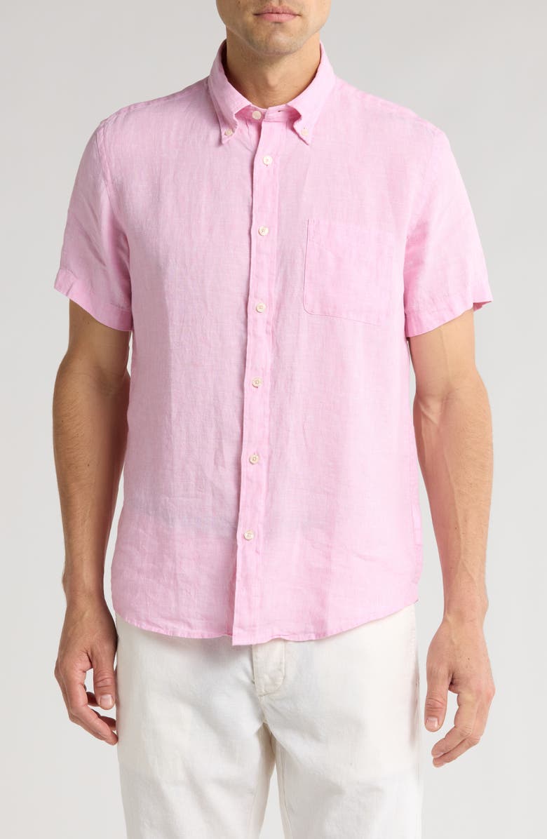 Brooks Brothers Regular Fit Solid Short Sleeve Linen Button-Down Shirt, Main, color, Pale Pink