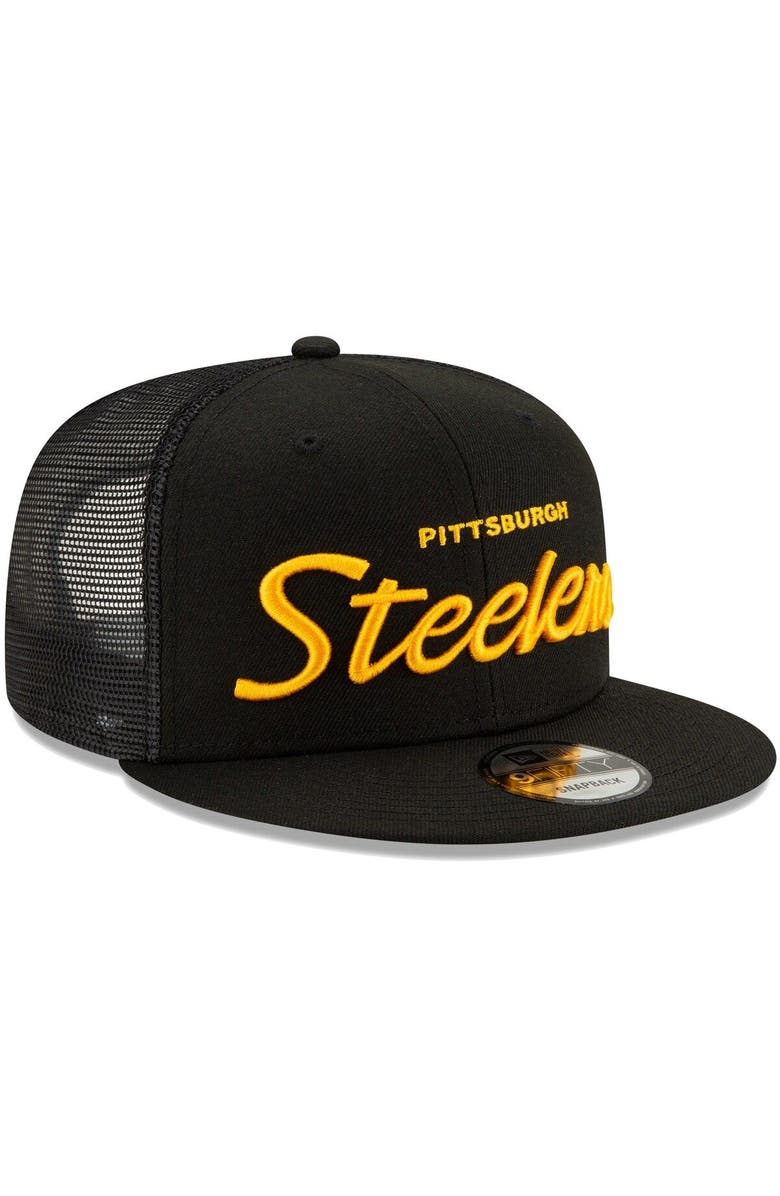New Era Men's New Era Black Pittsburgh Steelers Script Trucker 9FIFTY Snapback Hat, Alternate, color, 