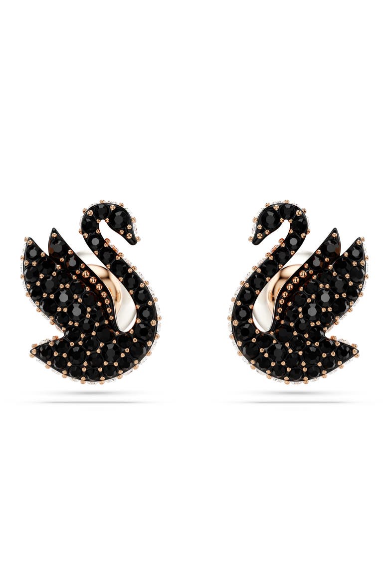 Swan Pearl Back Stud Earrings, Main, color, BLACK