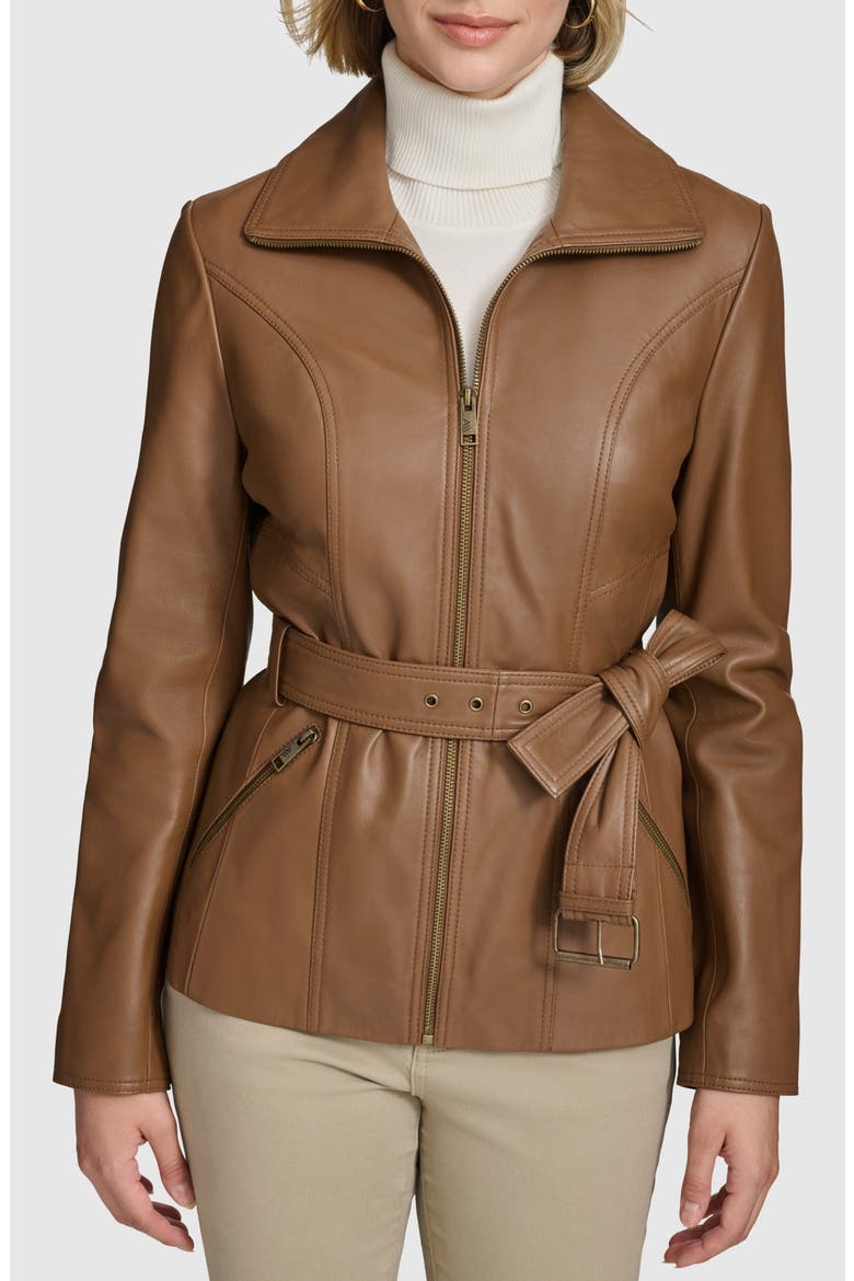 Tatum Belted Leather Jacket, Main, color, COGNAC