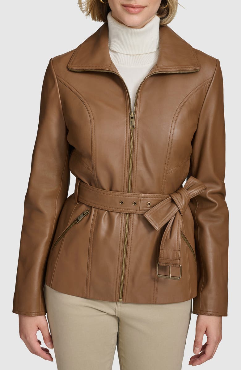 Andrew Marc Tatum Belted Leather Jacket, Main, color, Cognac