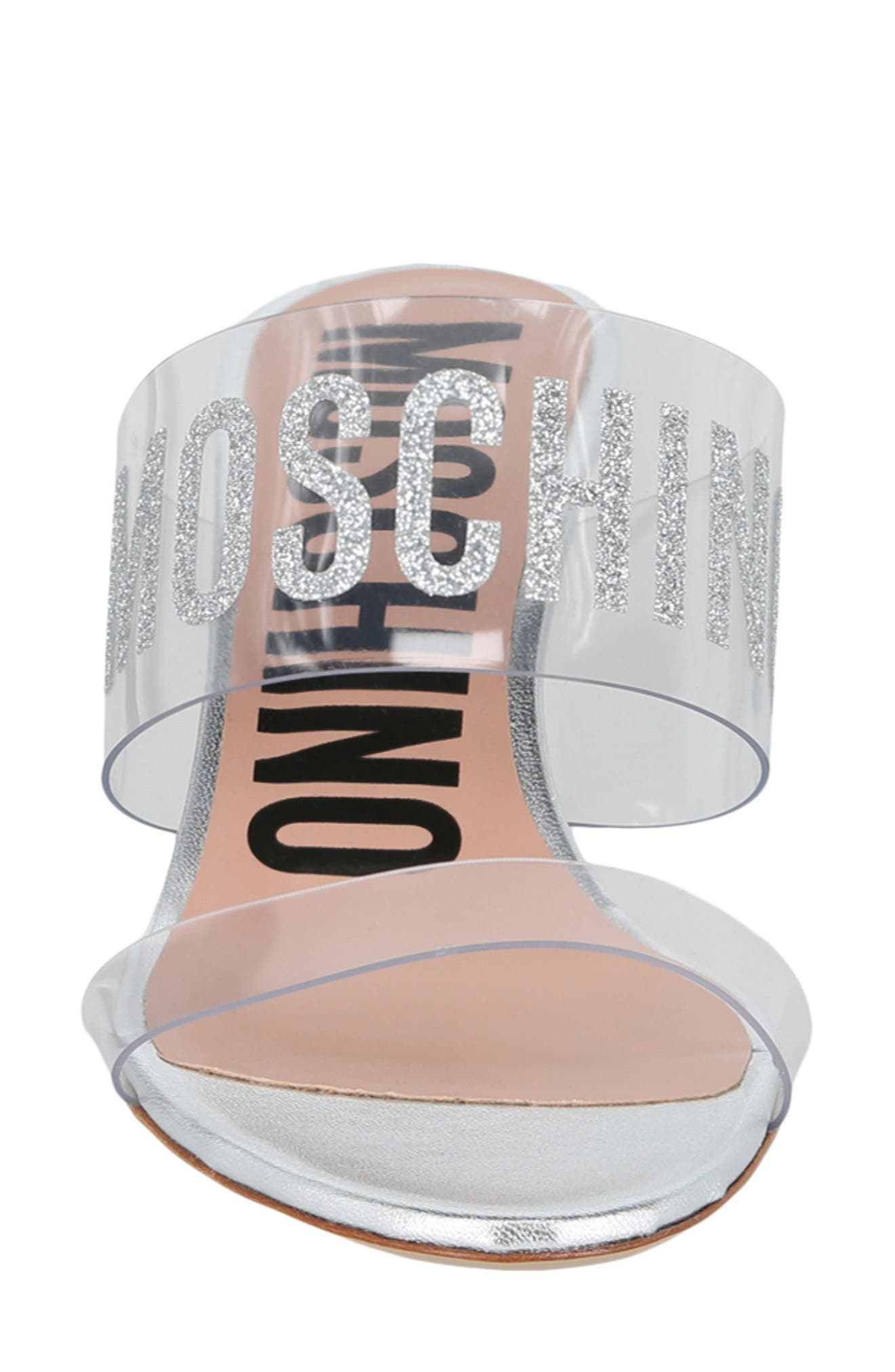 Moschino Glitter Logo Slide Sandal, Alternate, color, Transparent Silver