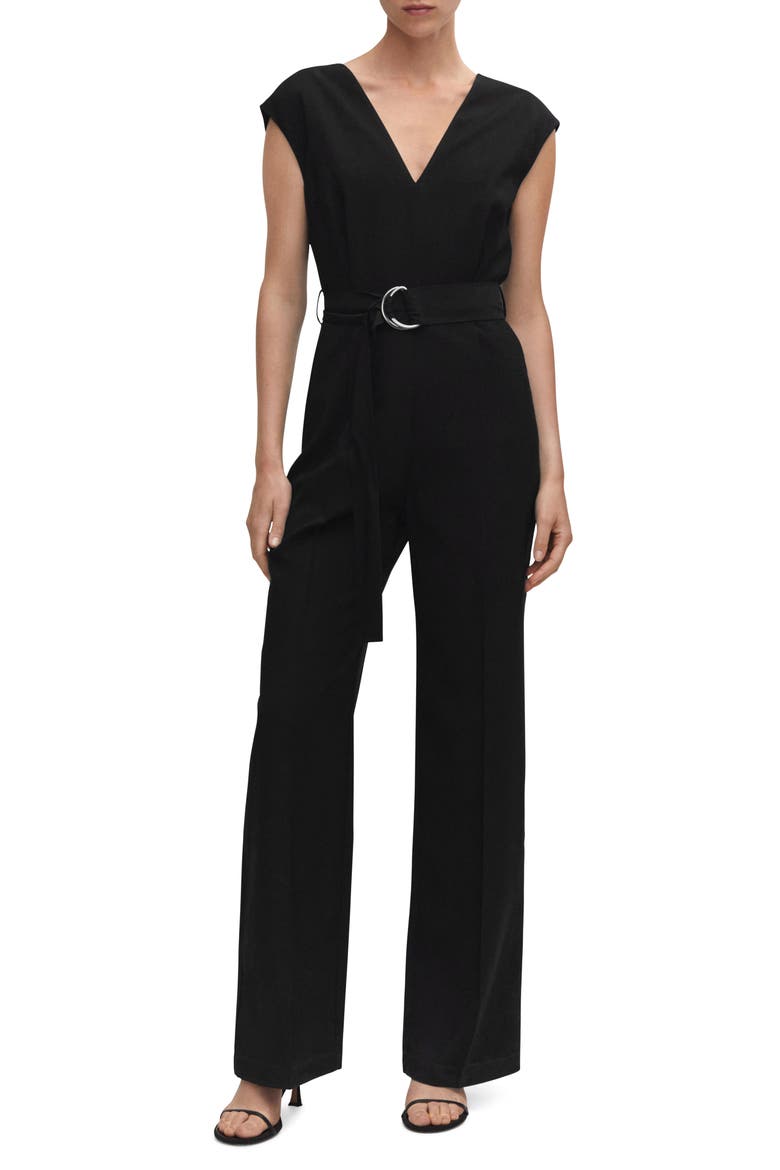 V-Neck Belted Jumpsuit, Main, color, BLACK