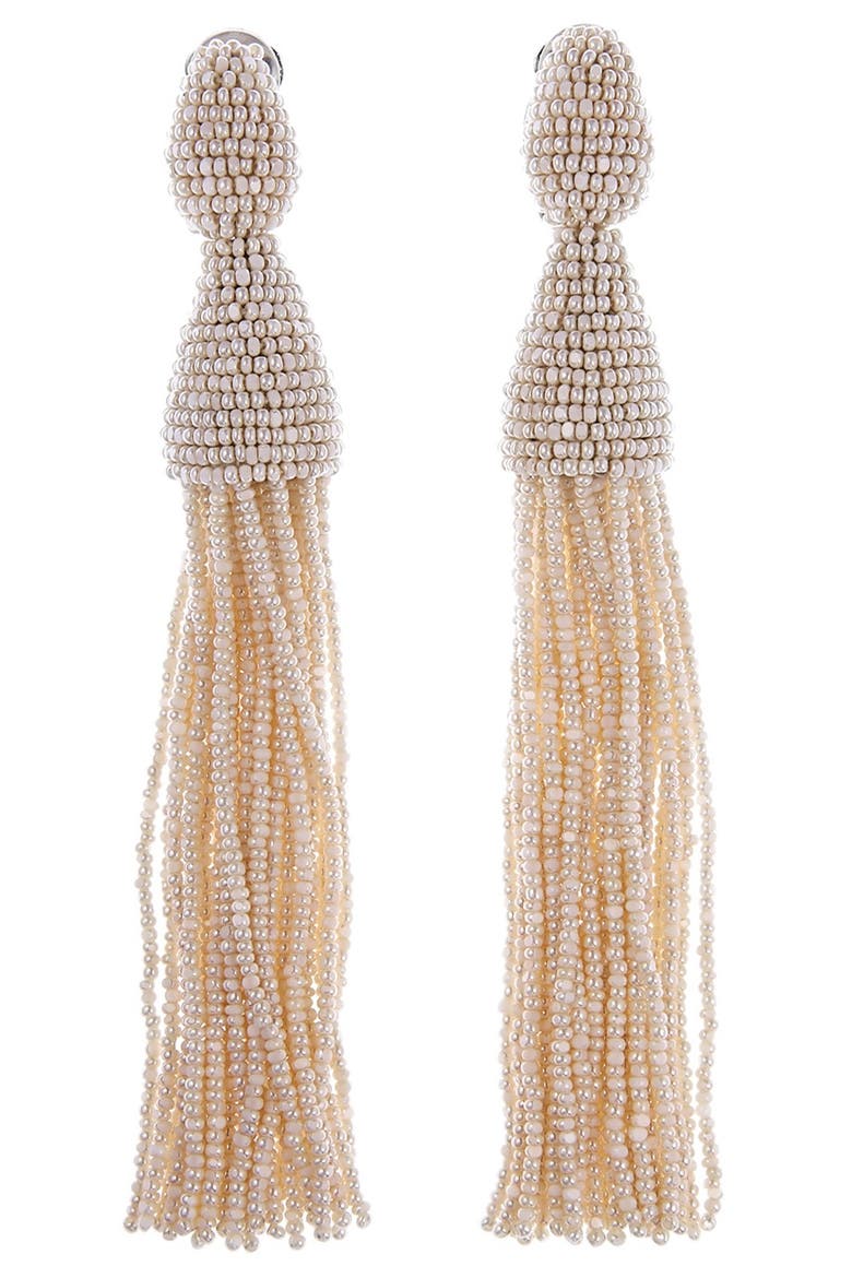Long Tassel Drop Clip Earrings, Main, color, IVORY
