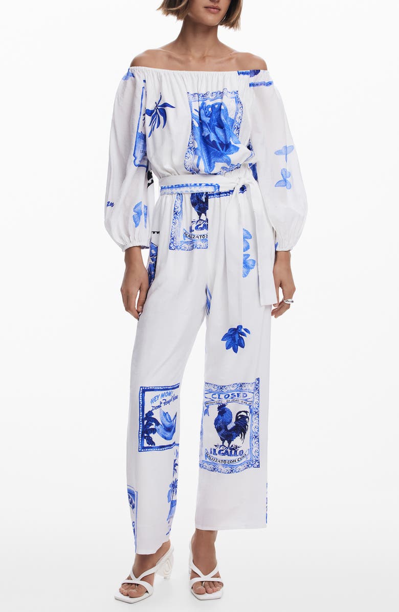 Desigual Placed Print Off the Shoulder Long Sleeve Jumpsuit, Main, color, 