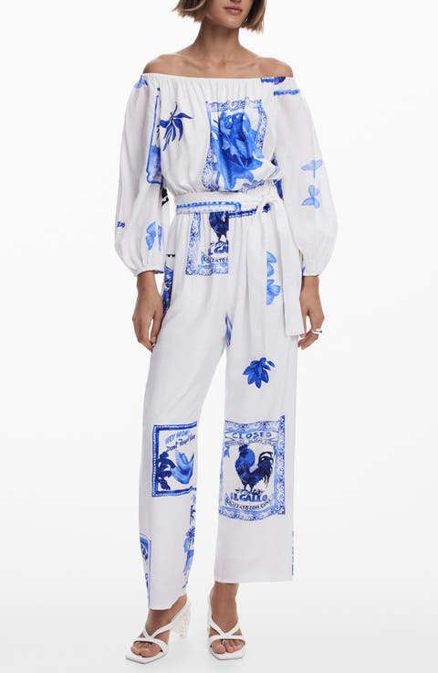 Placed Print Off the Shoulder Long Sleeve Jumpsuit