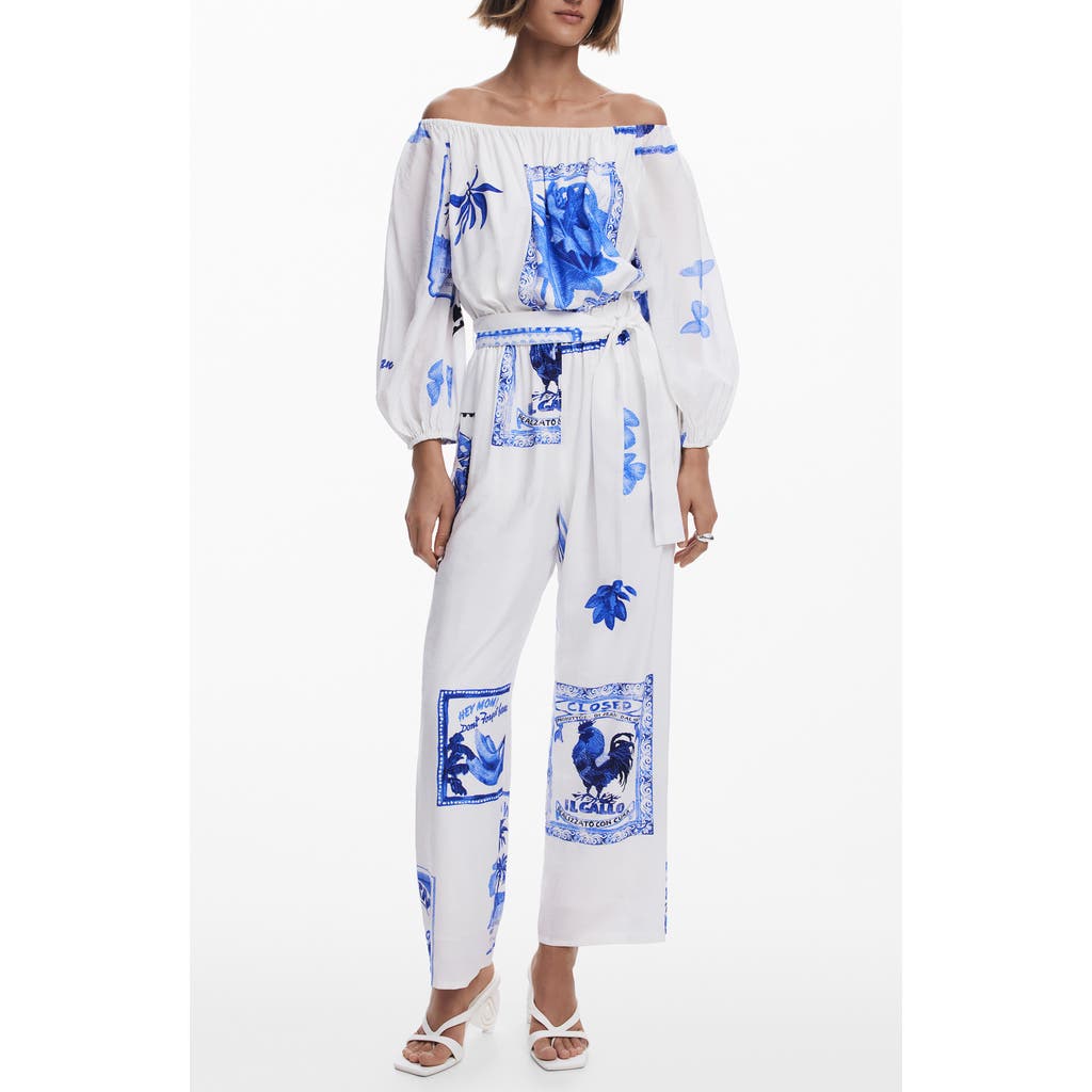 Desigual Placed Print Off The Shoulder Long Sleeve Jumpsuit In White