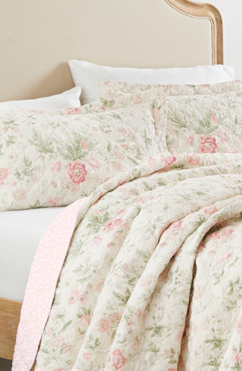 Laura Ashley Fawna 3-Piece Blue Floral Cotton King Quilt Set, Main, color, 