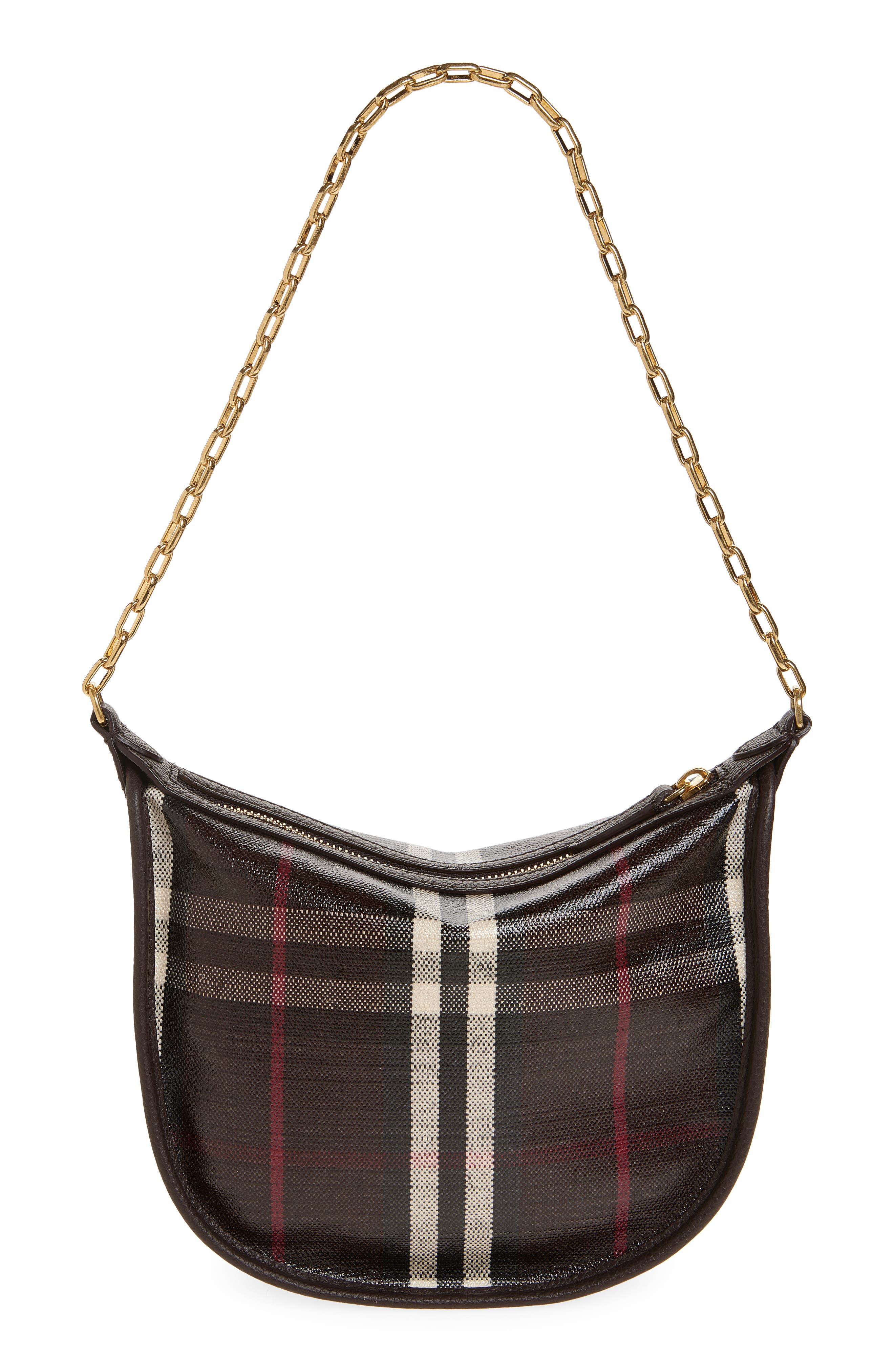 Burberry Mini Highlands Check Coated Canvas Shoulder Bag, Alternate, color, Mahogany