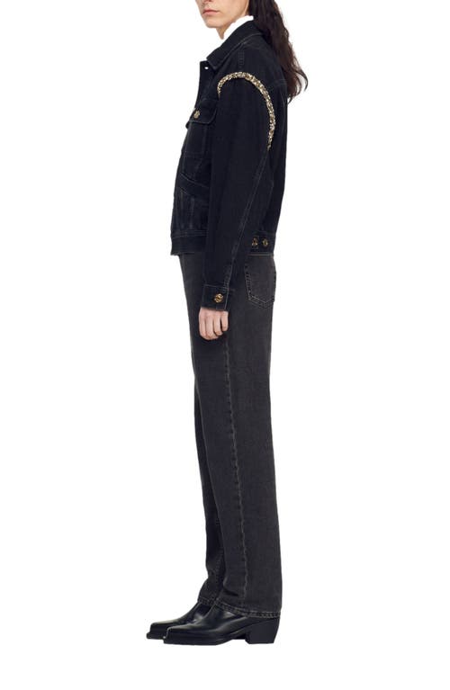 Sandro Oversized Denim Jacket With Rhinestones In Black