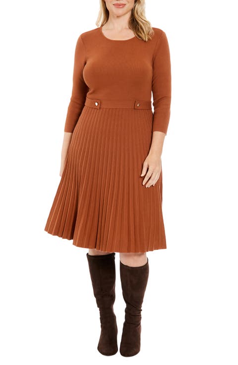 Long Sleeve Pleated Flare Skirt Dress