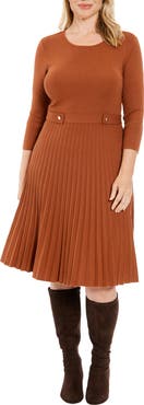 London Times Long Sleeve Pleated Flare Skirt Dress