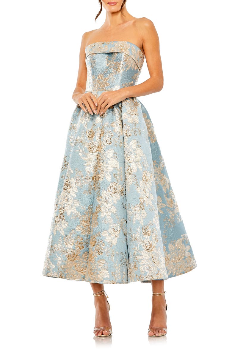 Strapless Floral Brocade Midi Dress with Pockets, Main, color, BLUE MULTI