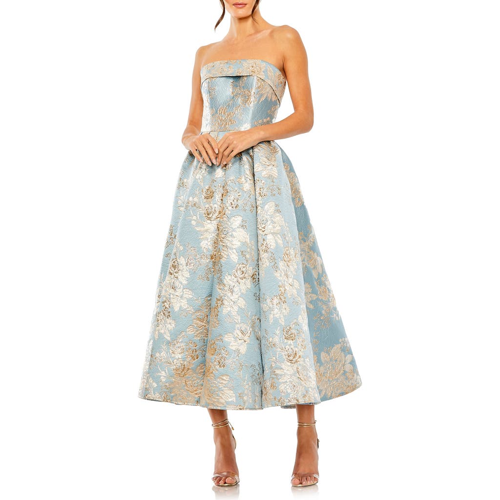 Mac Duggal Strapless Floral Brocade Midi Dress with Pockets in Blue Multi at Nordstrom, Size 16