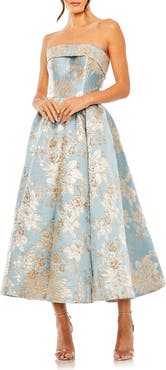 Mac Duggal Strapless Floral Brocade Midi Dress with Pockets