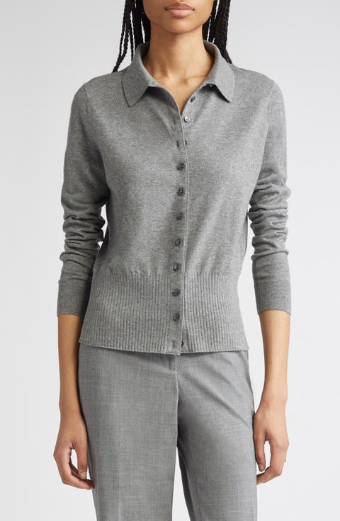 Rib Trim Button Front Polo Cardigan