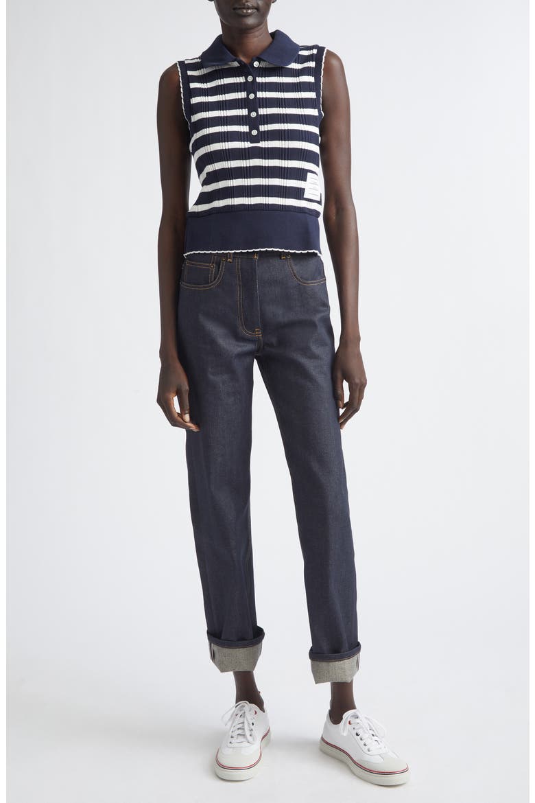 Stripe Scallop Edge Sleeveless Cotton Rib Polo, Alternate, color, NAVY/ WHITE