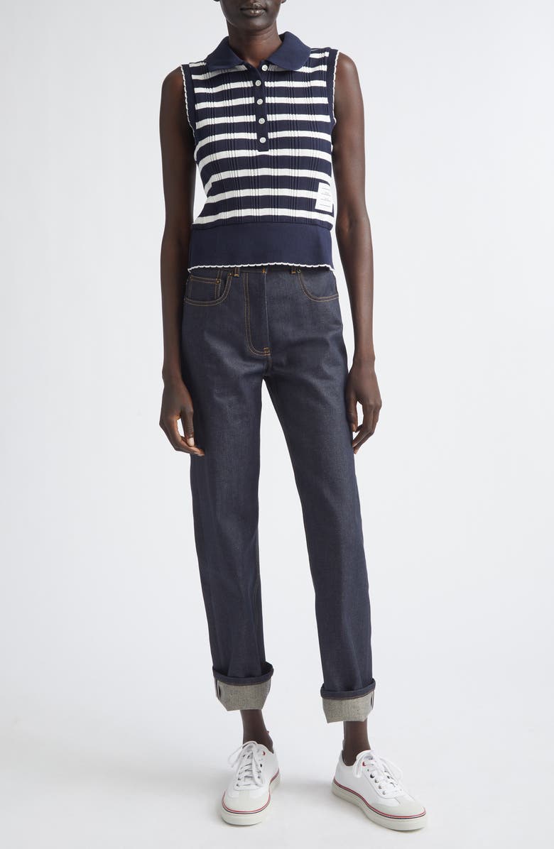 Thom Browne Stripe Scallop Edge Sleeveless Cotton Rib Polo, Alternate, color, Navy/ White
