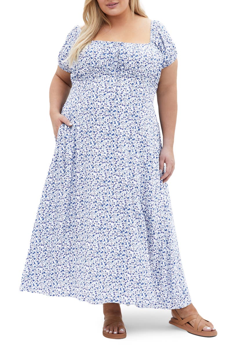 City Chic Abbie Floral Off the Shoulder Dress, Main, color, Azure Floral