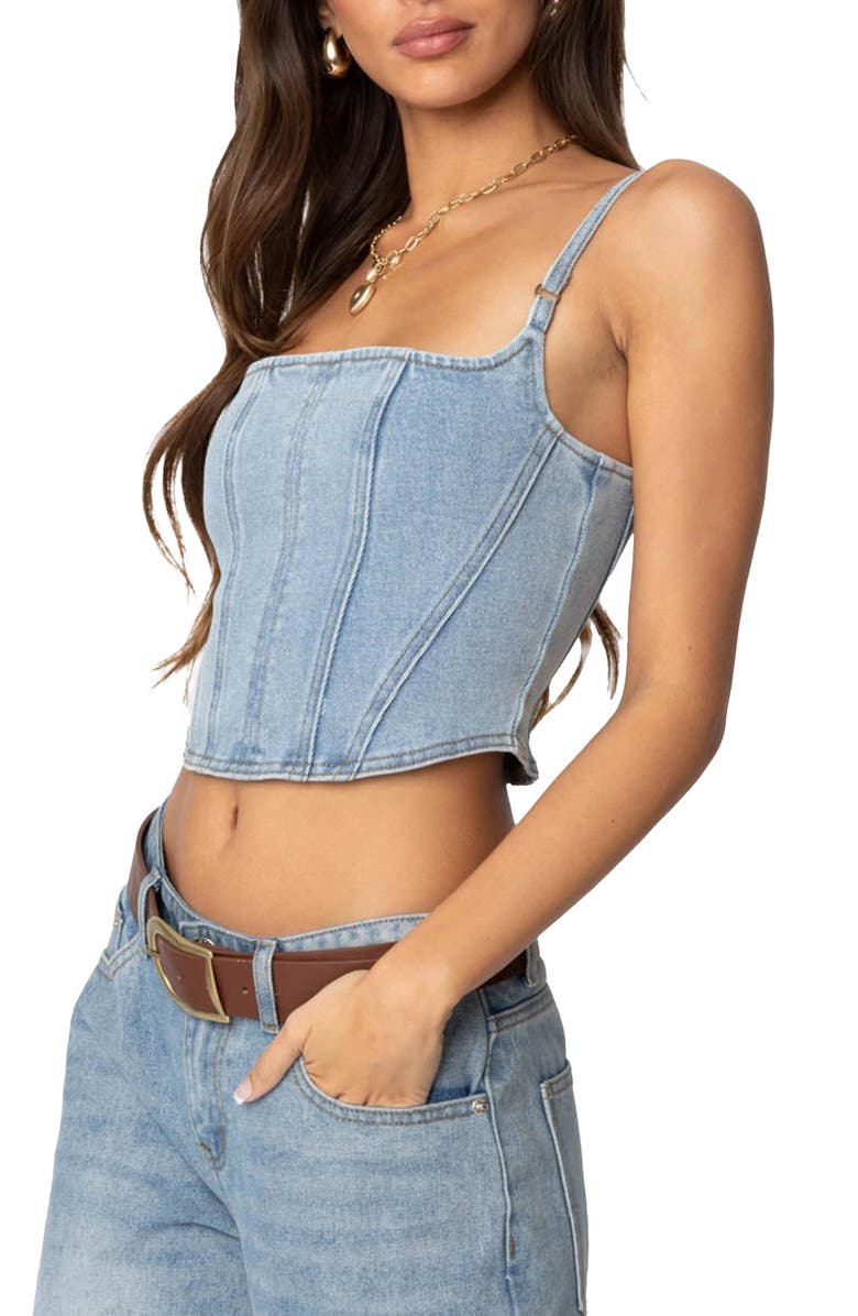 EDIKTED Tennessee Denim Corset Top, Alternate, color, Light-Blue