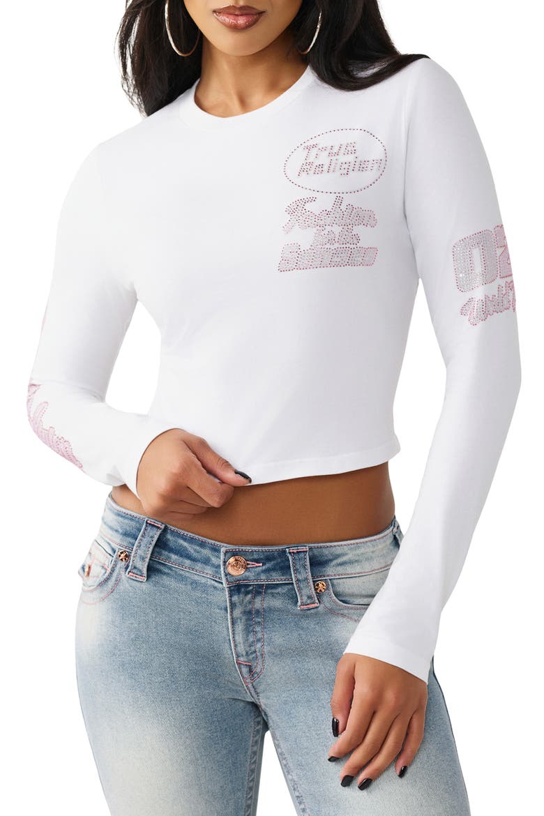 Sporty Crystal Logo Graphic Long Sleeve T-Shirt, Main, color, WHITE/ PINK