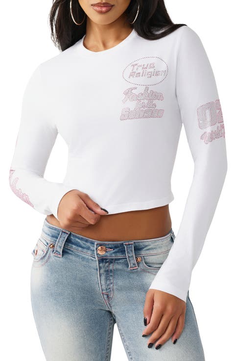 Sporty Crystal Logo Graphic Long Sleeve T-Shirt
