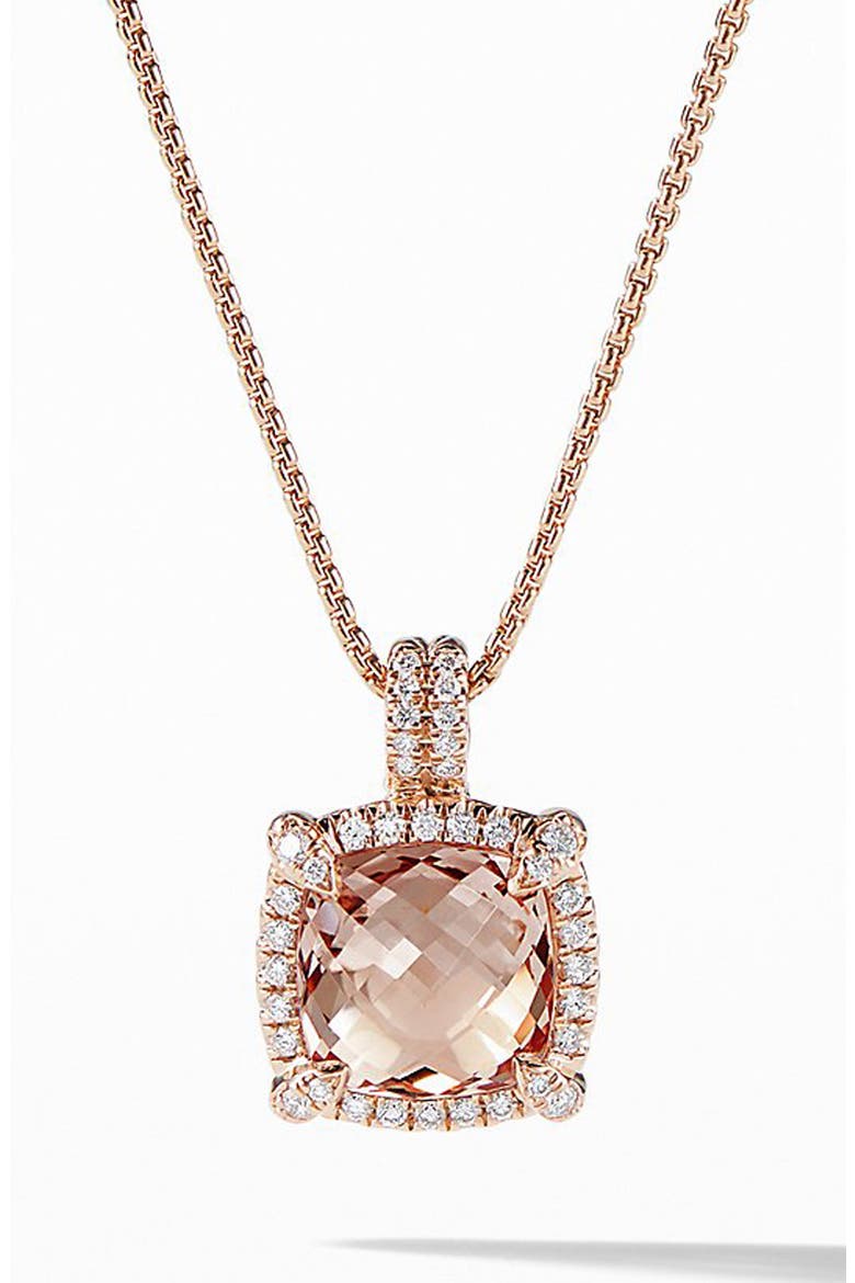 Châtelaine Pavé Bezel Pendant Necklace with Morganite and Diamonds in 18K Rose Gold, Main, color, ROSE GOLD/ DIAMOND/ MORGANITE