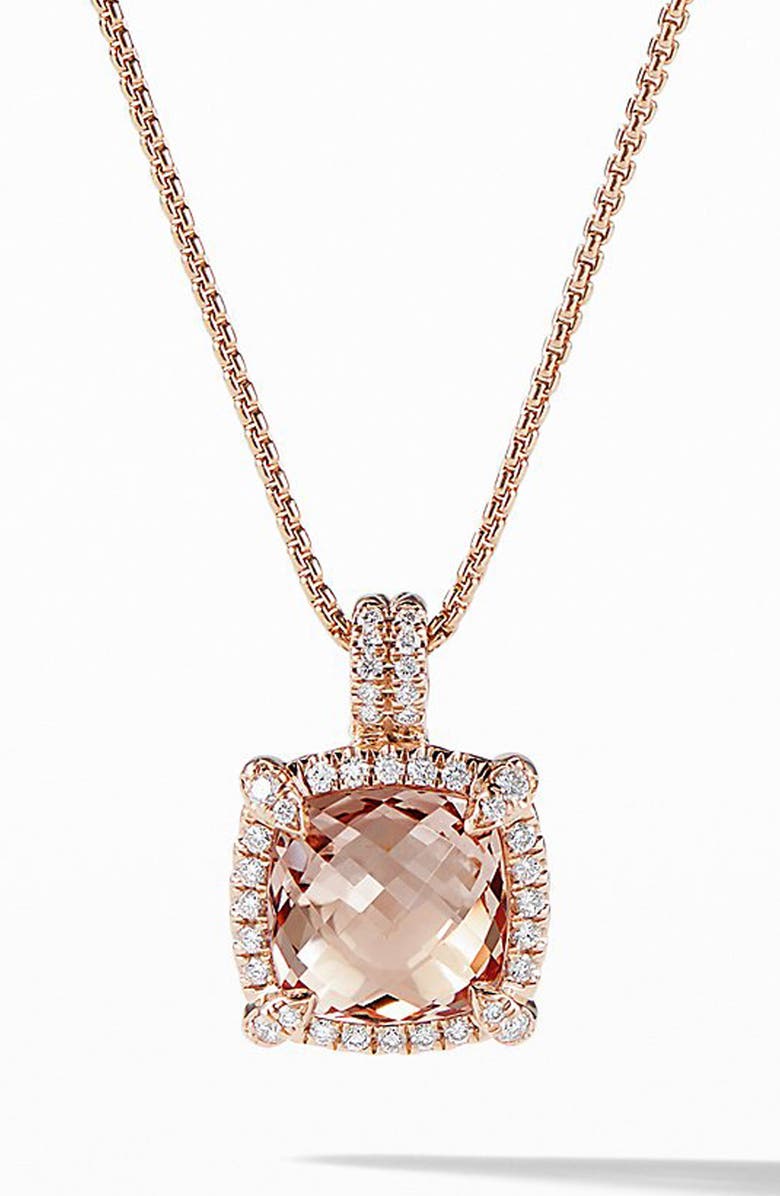 David Yurman Châtelaine Pavé Bezel Pendant Necklace with Morganite and Diamonds in 18K Rose Gold, Main, color, 