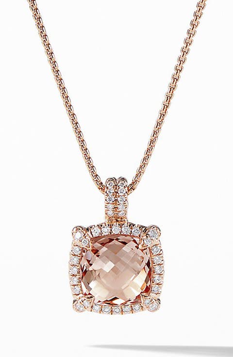 Châtelaine Pavé Bezel Pendant Necklace with Morganite and Diamonds in 18K Rose Gold