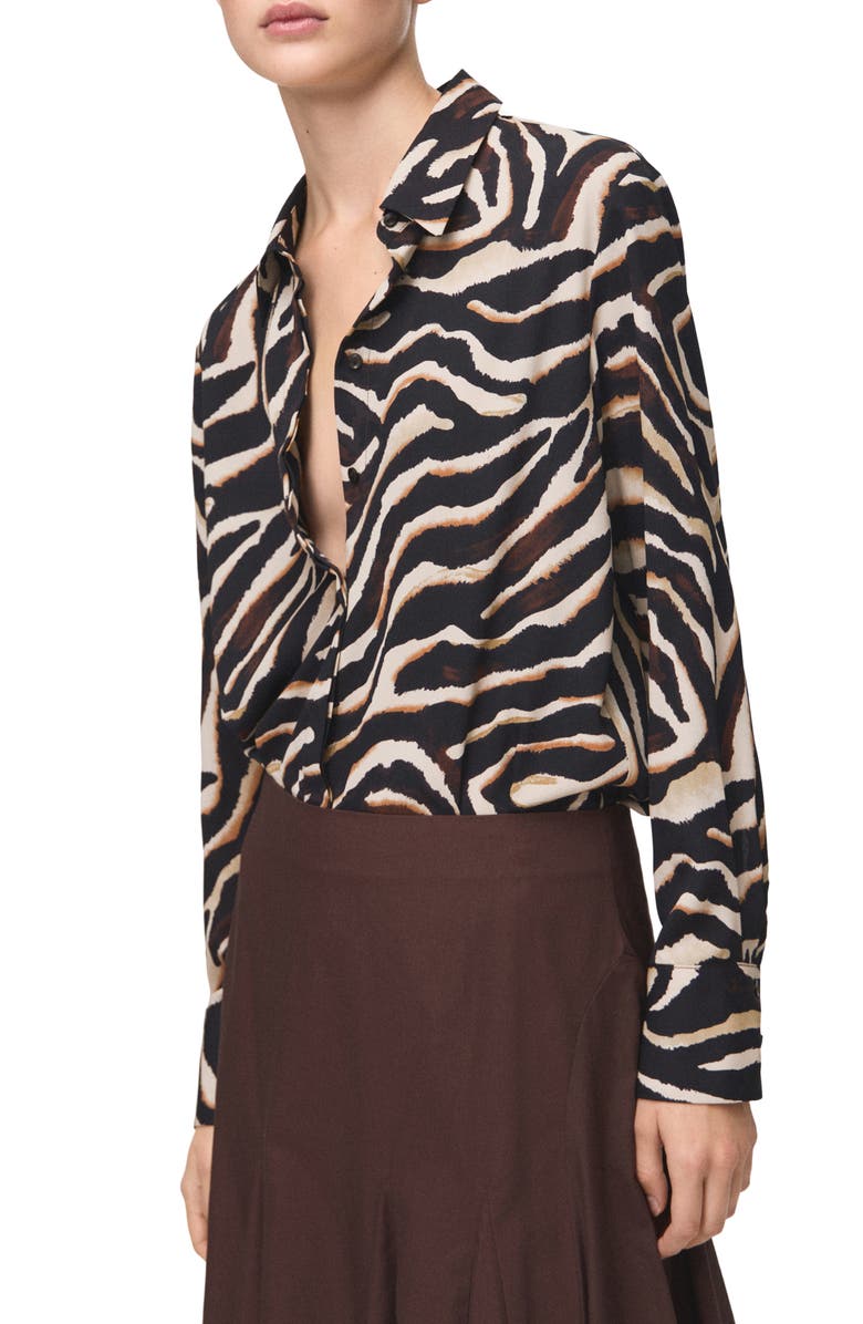 MANGO Dot Print Button-Up Shirt, Main, color, Black