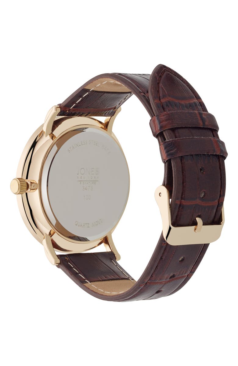 Jones New York Three Hand Quartz Croc Embossed Leather Strap Watch, 44mm, Alternate, color, Brown