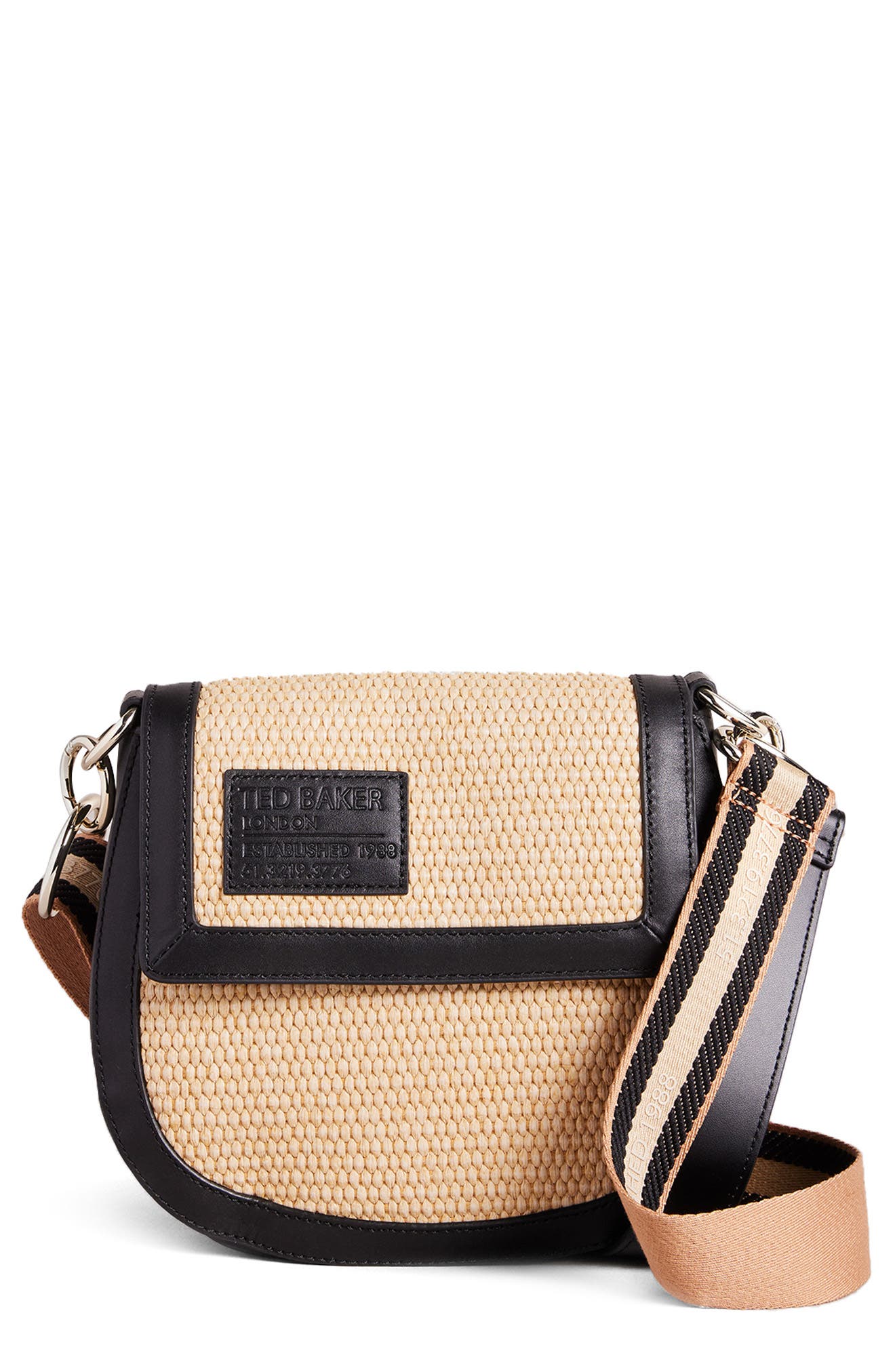 Ted Baker London Staceli Branded Webbing, Leather & Raffia Crossbody Bag, Main, color, 