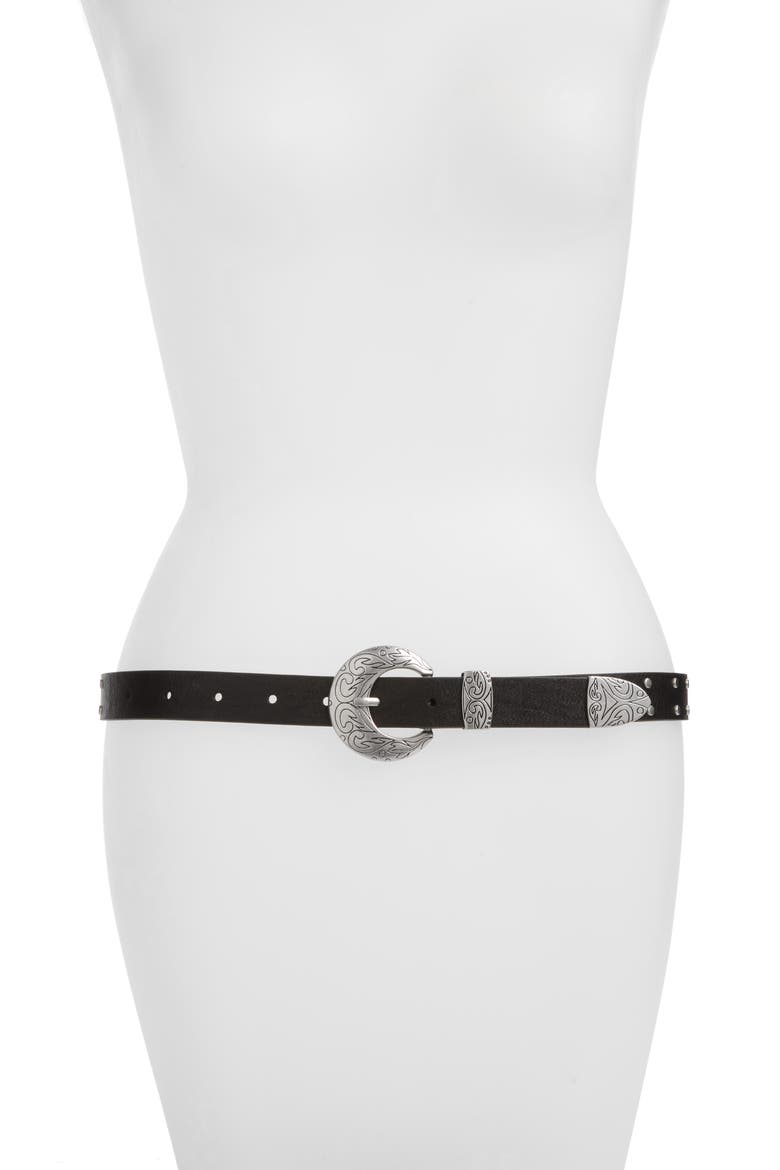 Moon Western Faux Leather Belt, Main, color, BLACK