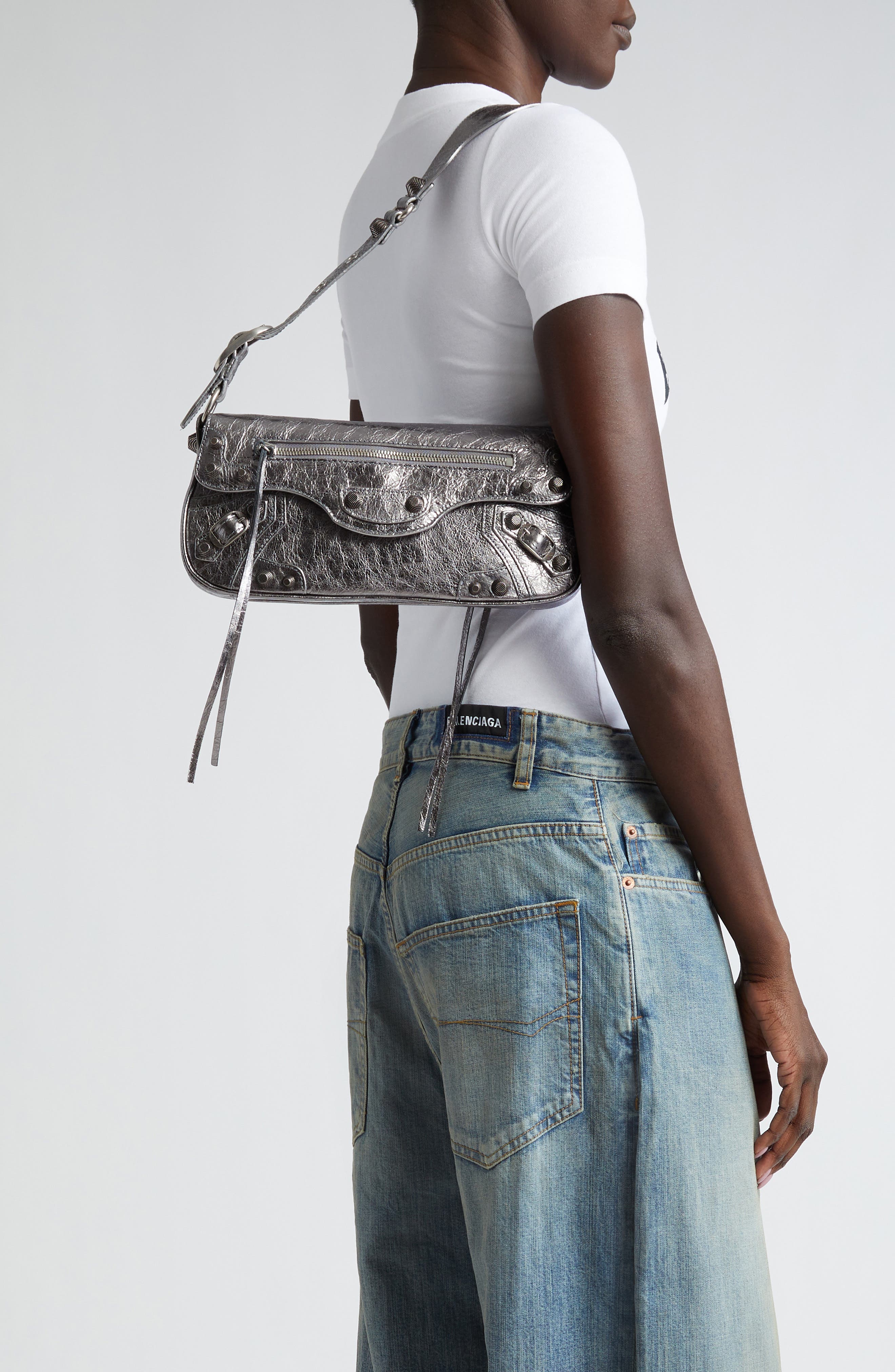 Small Le Cagole Metallic Leather Shoulder Bag, Alternate, color, SILVER