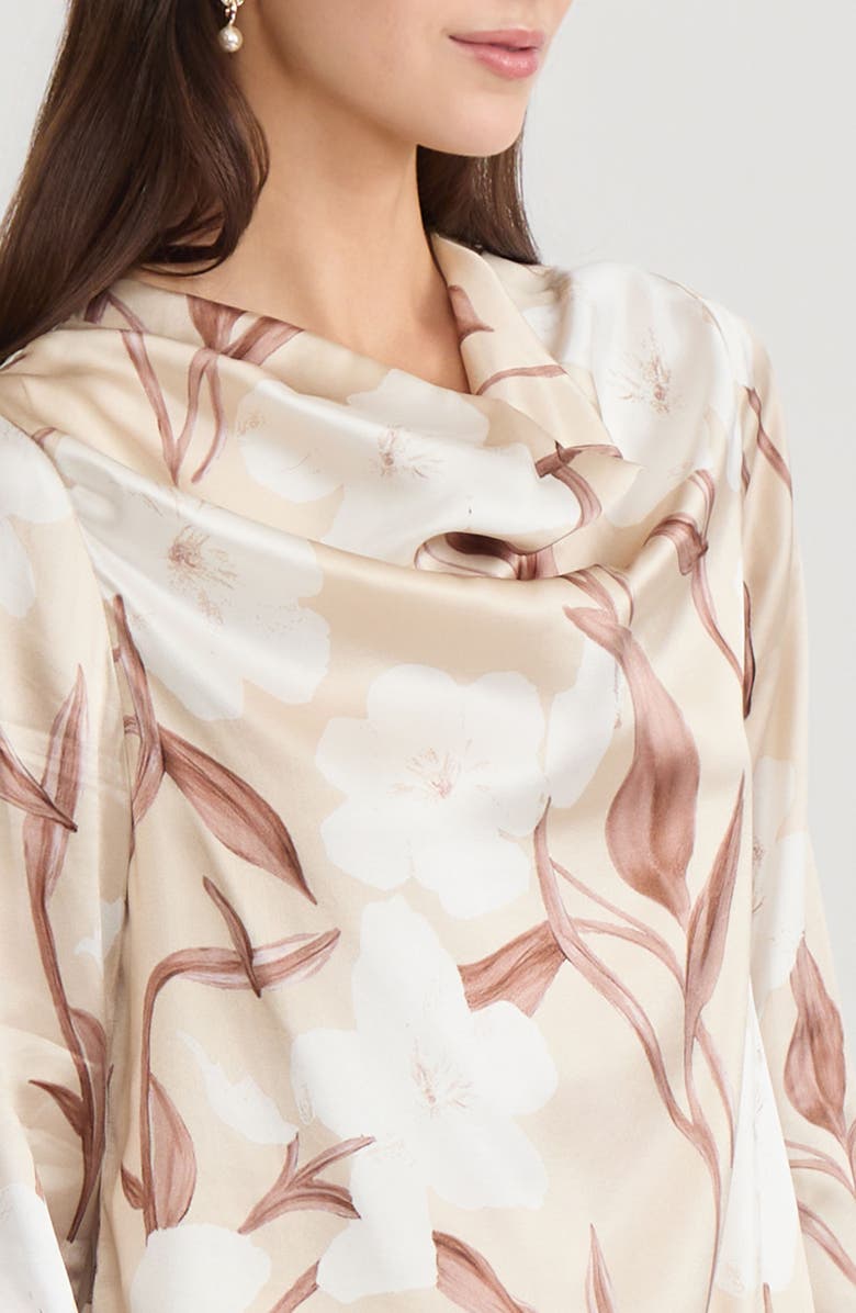 Misook Draped Neck Floral Print Silk Blouse, Alternate, color, Biscotti/Charmeuse