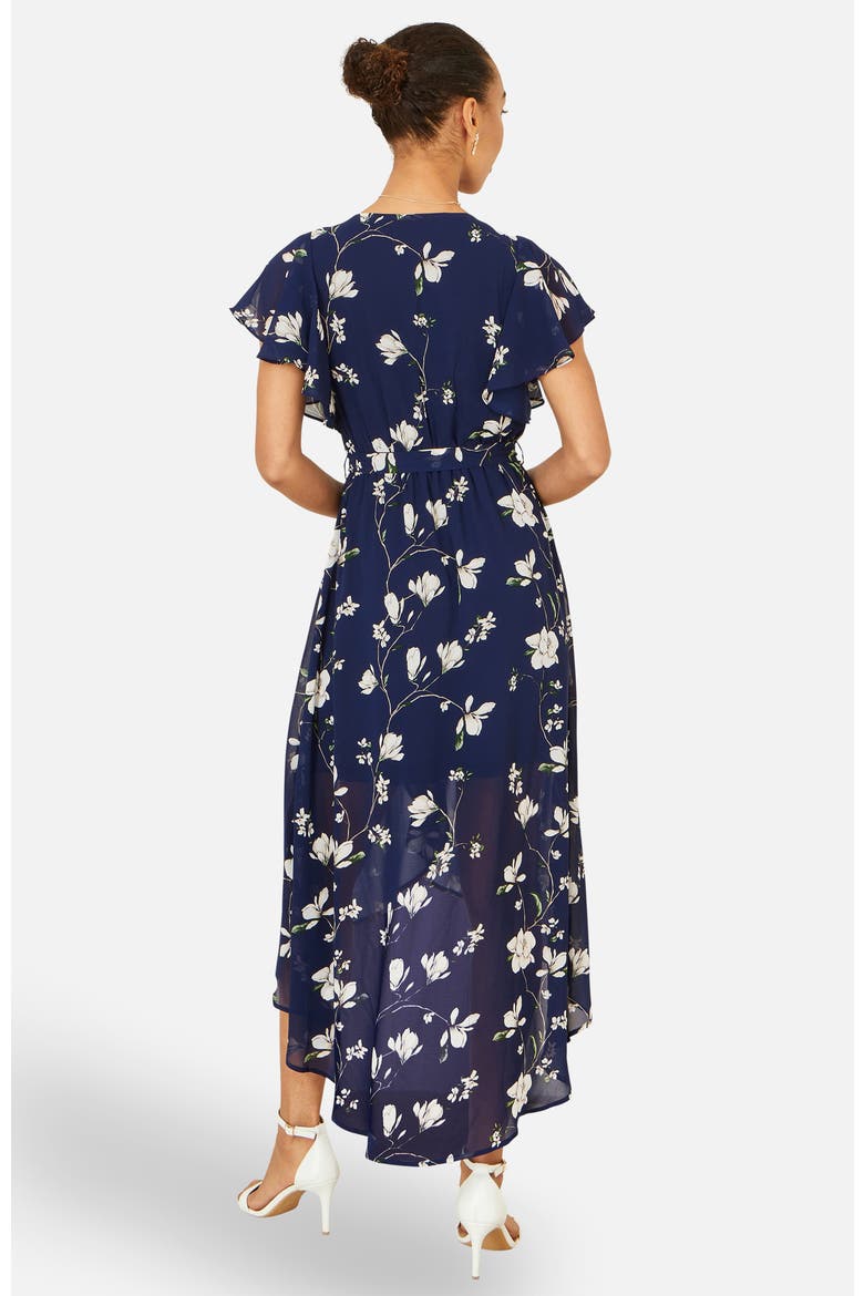 Floral Frill Hem Wrap Midi Dress, Alternate, color, Navy