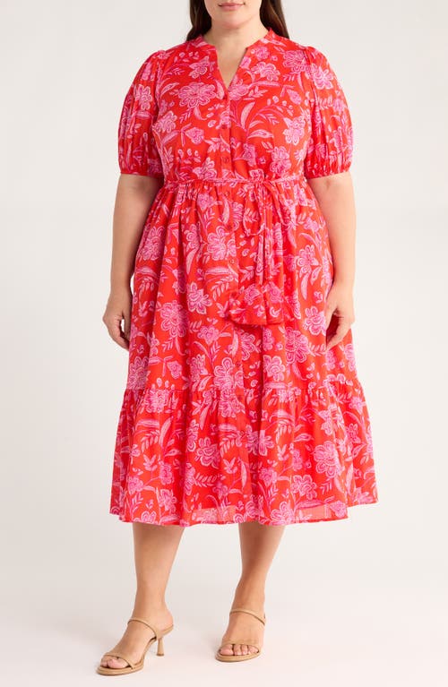 Sugarlips Aria Floral Beth Tiered Cotton Midi Dress In Red