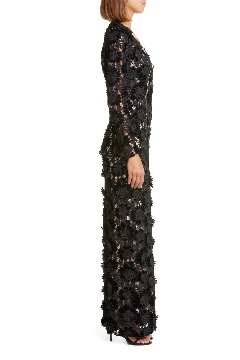 Plunge Neck Velvet Guipure Lace Gown, Alternate, color, BLACK