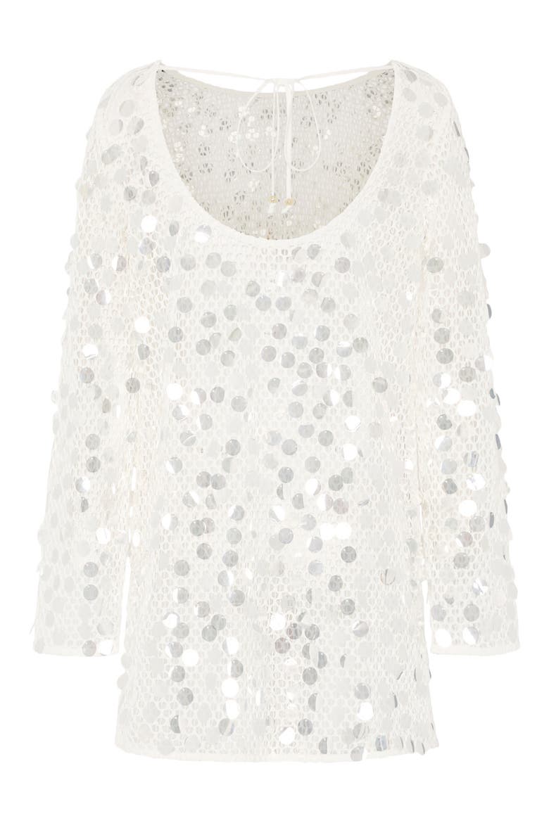 Paillette Long Sleeve Sheer Open Stitch Cover-Up Dress, Alternate, color, WHITE