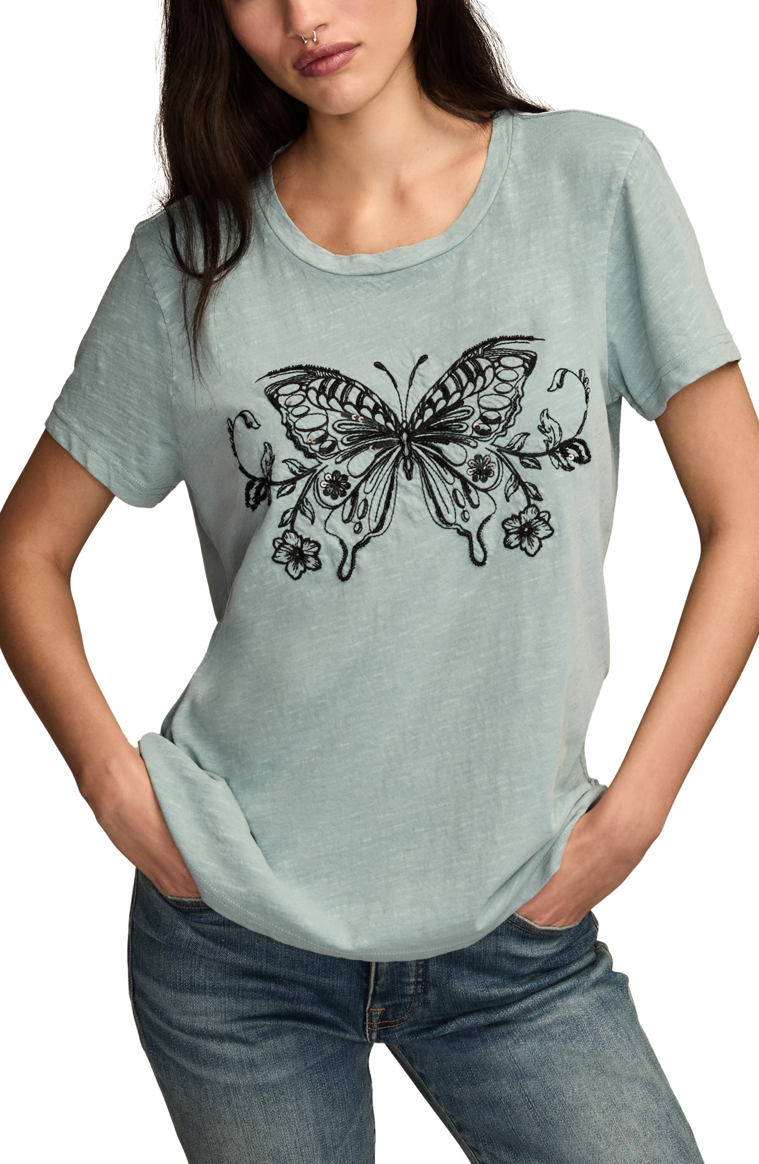 Lucky Brand Embroidered Butterfly Cotton Graphic T-Shirt