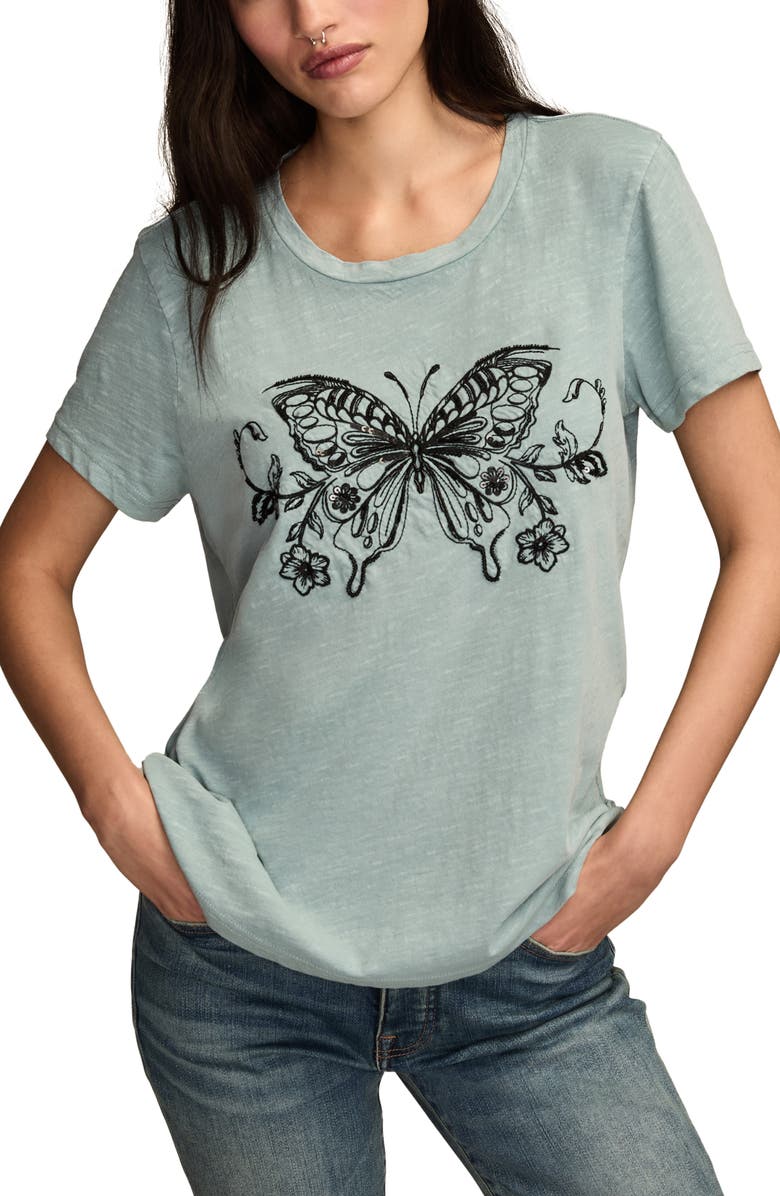 Lucky Brand Embroidered Butterfly Cotton Graphic T-Shirt, Main, color, Arona