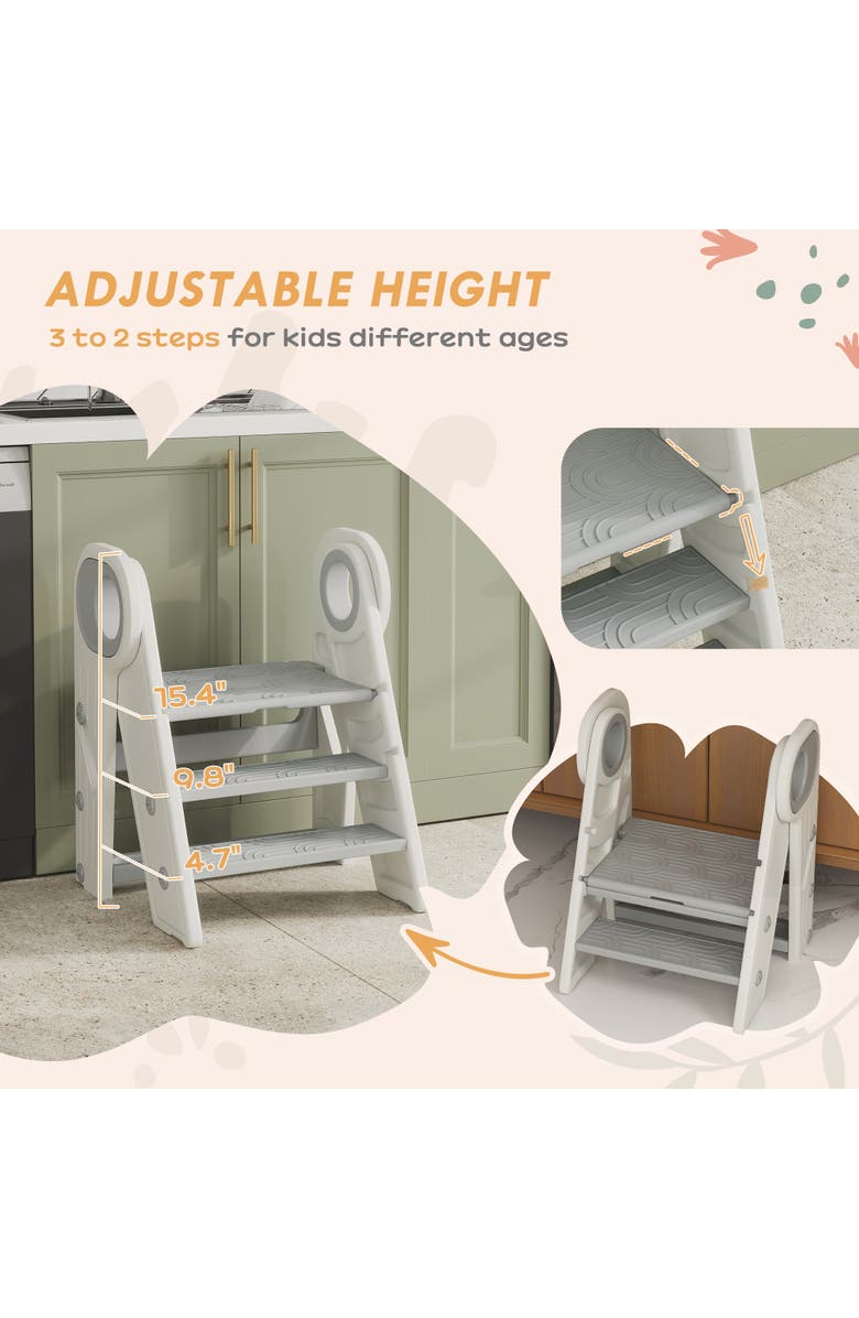 Qaba Foldable Kids Kitchen Stool Helper, 3-Step, Handles, Non-slip, Alternate, color, Gray