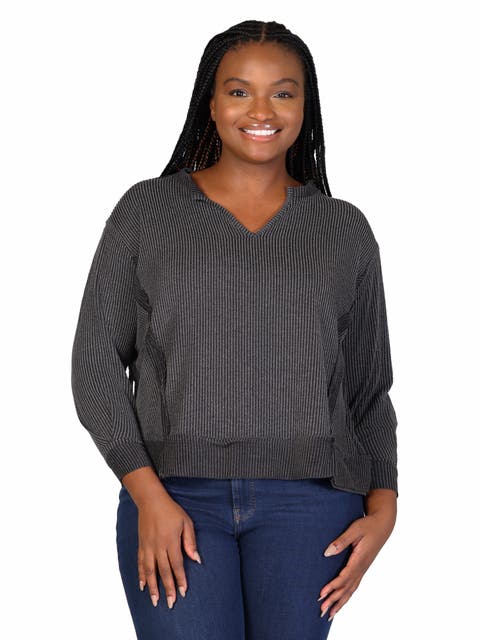 Relaxed Fit Ribbed Knit V-Neck Sweatshirt Top