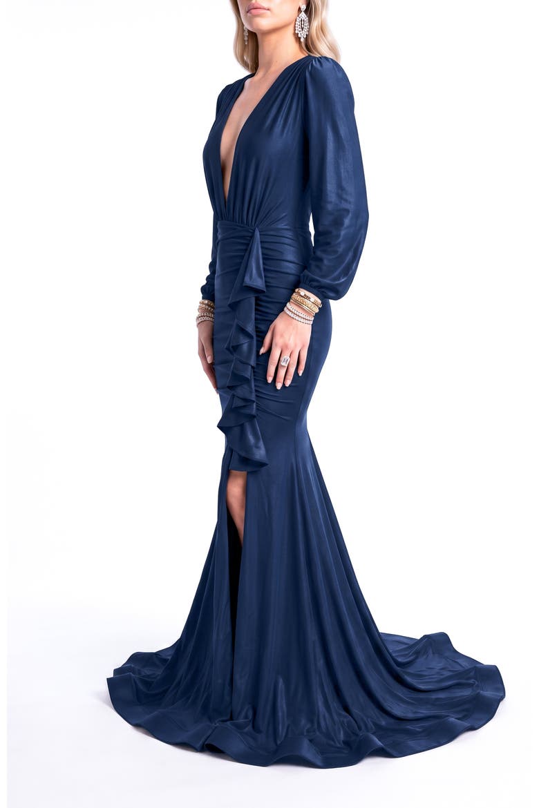 Plunging V-Neck Long Sleeve Ruffle Mermaid Evening Gown, Alternate, color, Navy