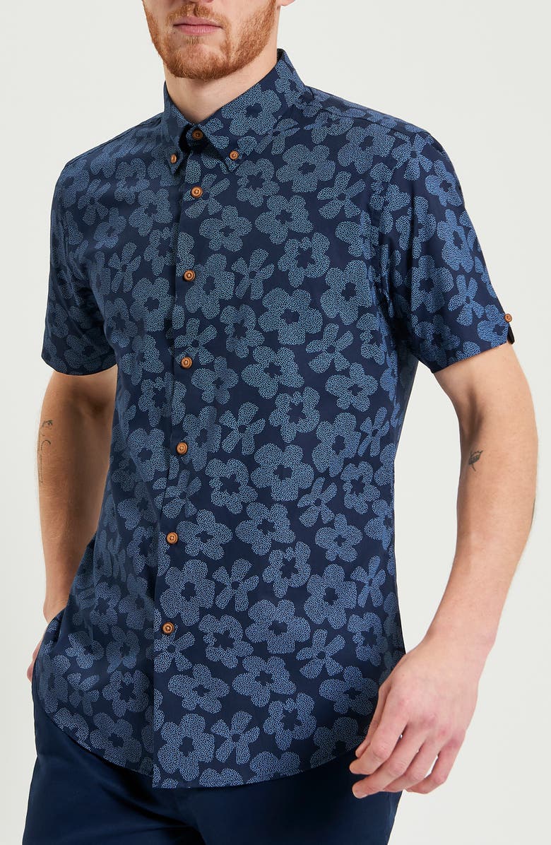 Ben Sherman Stippled Floral Short Sleeve Organic Cotton Button-Down Shirt, Main, color, 