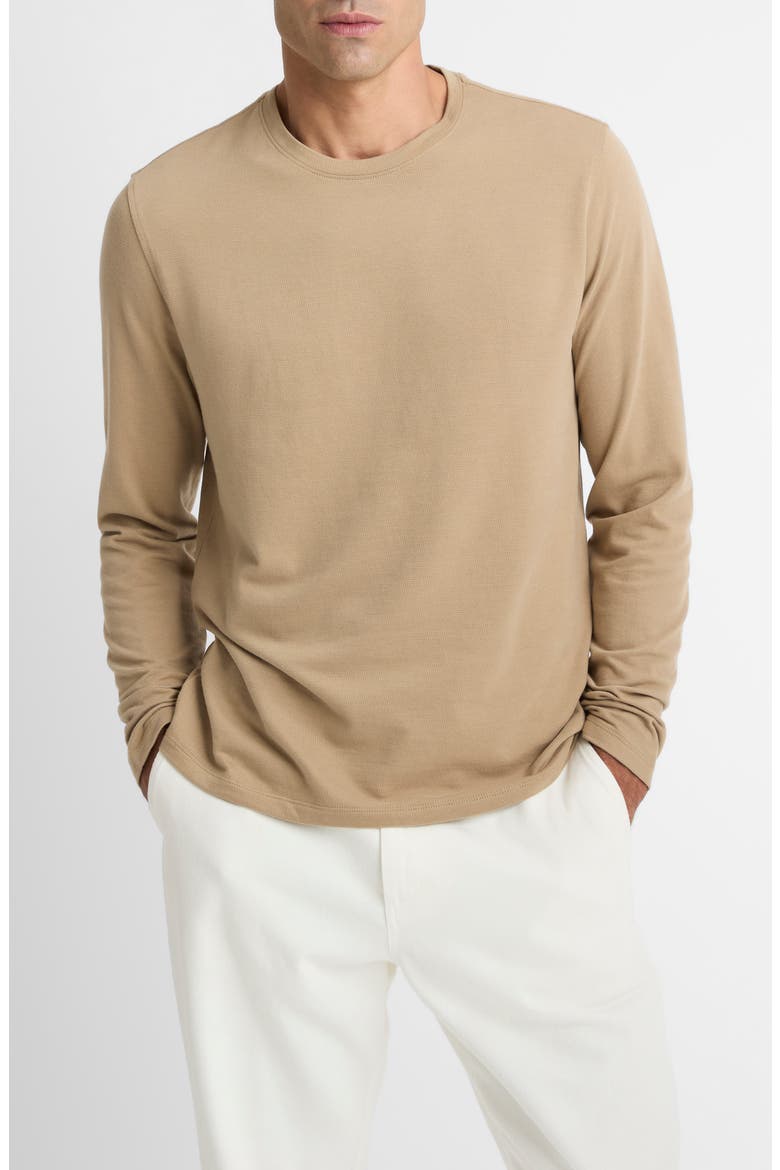 Bird's Eye Stitch Long Sleeve Pima Cotton Crewneck T-Shirt, Main, color, BRITISH KHAKI/ MED GREY