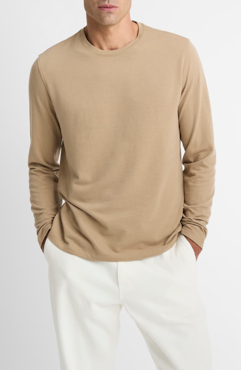 Vince Bird's Eye Stitch Long Sleeve Pima Cotton Crewneck T-Shirt, Main, color, British Khaki/ Med Grey
